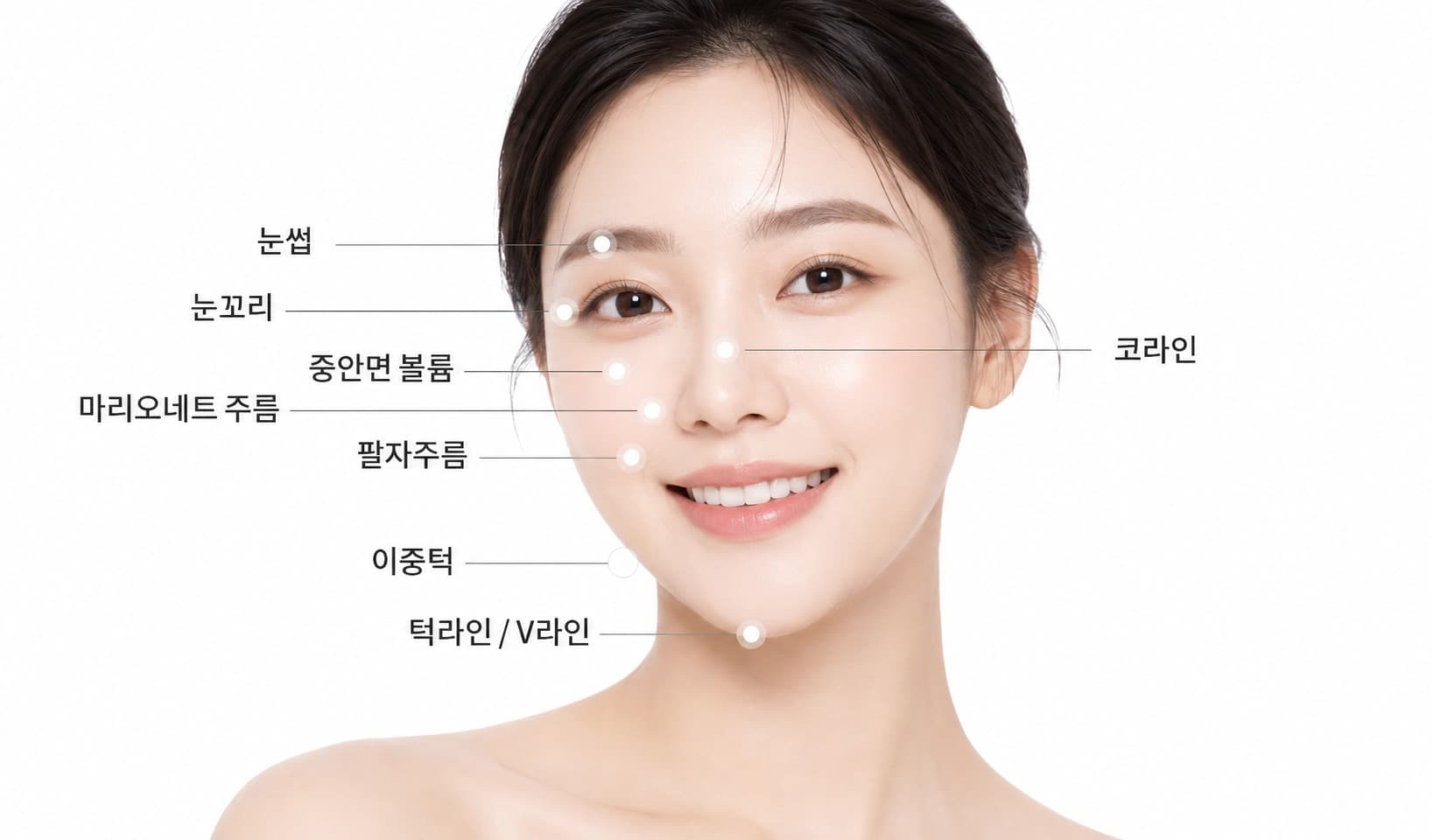 실리프팅 시술부위 - 눈썹·눈꼬리·중안면 볼륨·마리오네트 주름·팔자주름·코라인·이중턱·턱라인 V라인