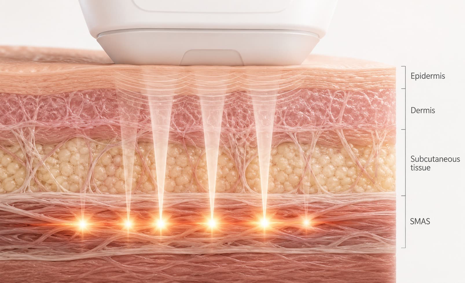 HIFU 초음파가 피부 심층까지 집중 전달되는 원리 — 표피(Epidermis)·진피(Dermis)·피하(Subcutaneous)·SMAS 근막층 구조도